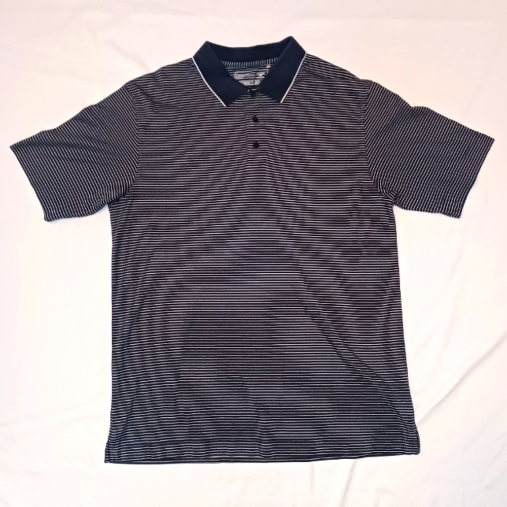 Cutter & Buck Navy & White Striped Short Sleeve Polo Shirt.